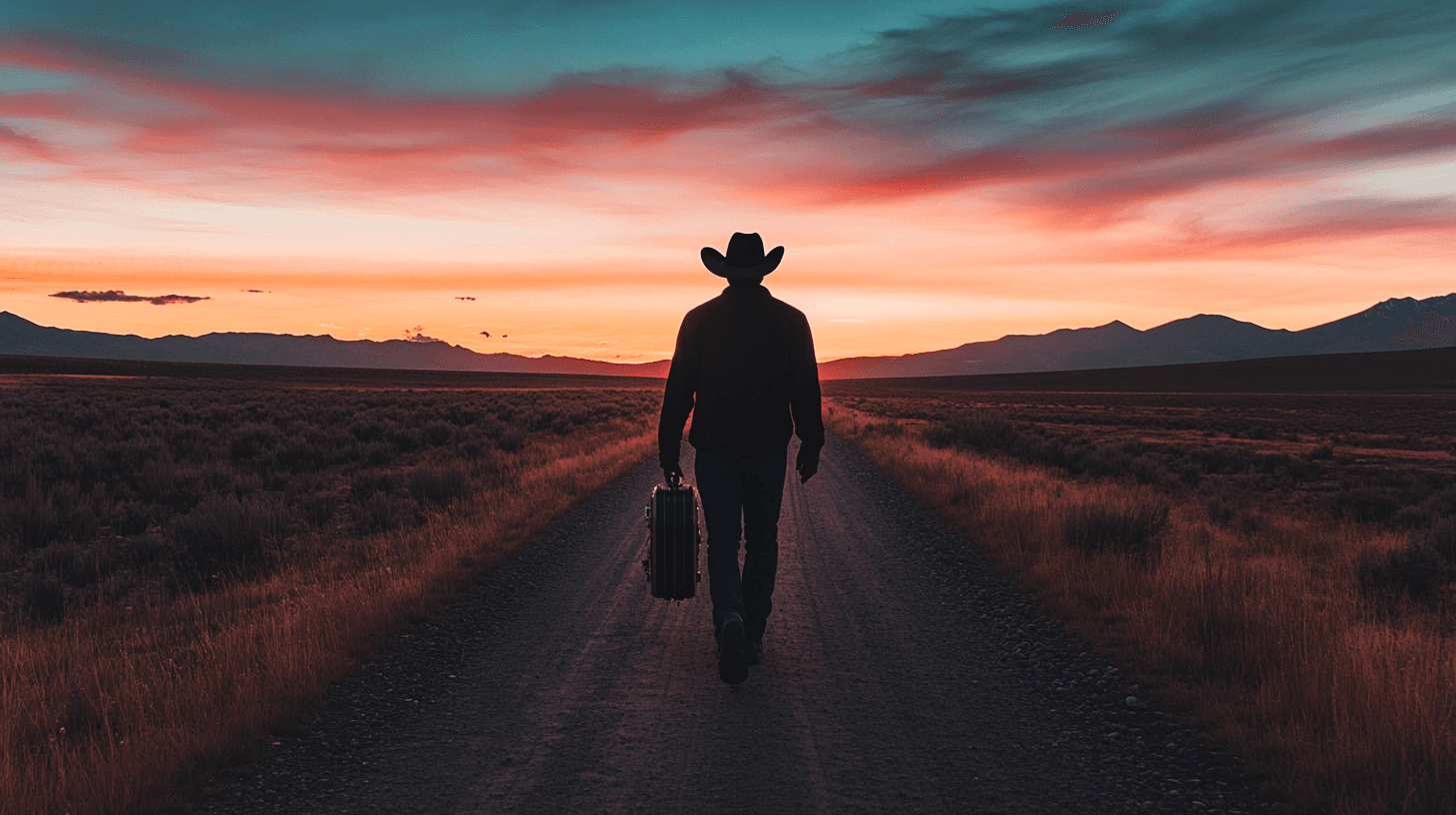 'I Don't Stay Long' single cover art — a lone figure walking away down a dirt road at dusk