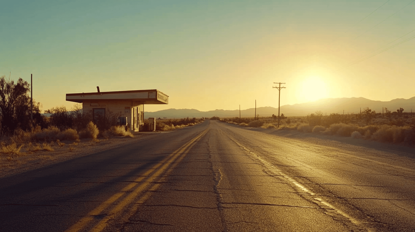 Wide desert highway stretching to the horizon at golden hour